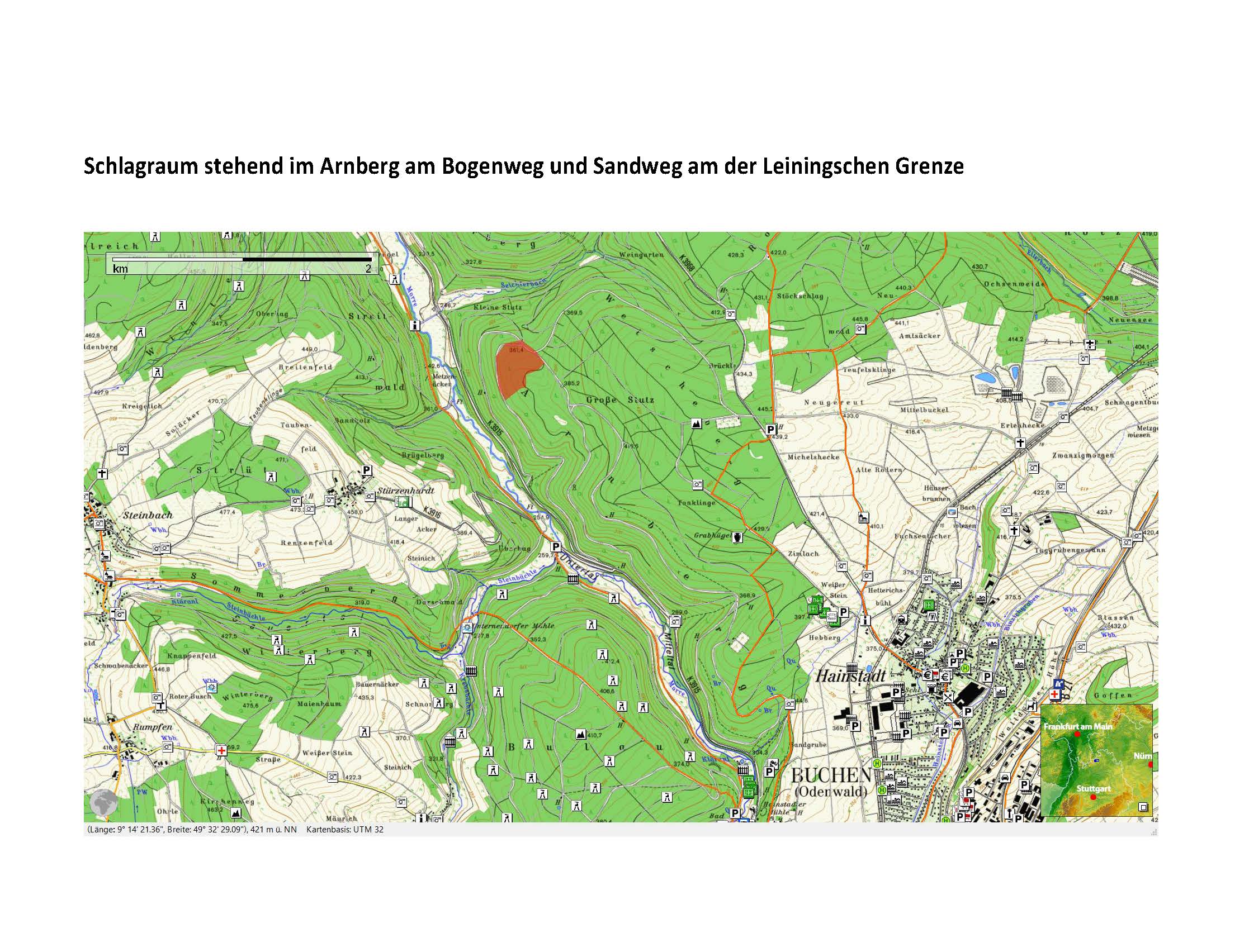 Karte Schlagraum stehend im Arnberg am Bogenweg und Sandweg am der Leiningschen Grenze